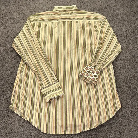Robert Graham Shirt Mens Large Green Striped Woven Flip Cuff Geometric Going Out - Picture 12 of 13